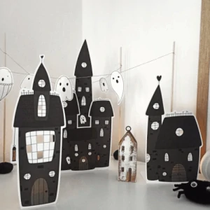 Strašidelné městečko - girlanda na Halloween (3 domečky a 6 duchů)