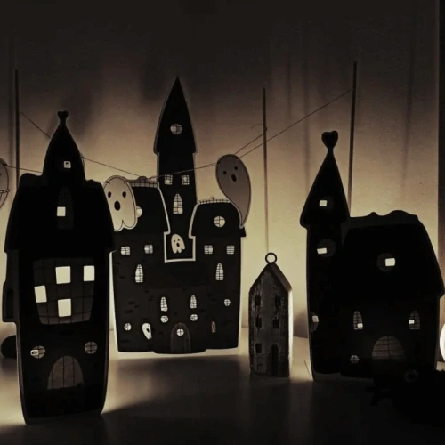 Strašidelné městečko - girlanda na Halloween (3 domečky a 6 duchů)