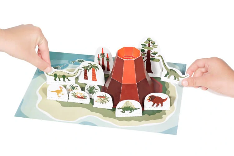 Dinosauří ostrov - vystřihovánka skládačka: sopka a 14 dinosaurů