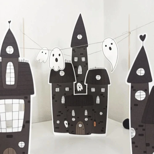 Strašidelné městečko - girlanda na Halloween (3 domečky a 6 duchů)