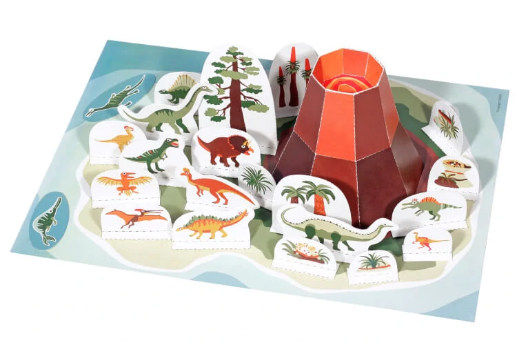Dinosauří ostrov - vystřihovánka skládačka: sopka a 14 dinosaurů