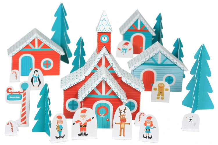 Vánoční vesnička - vystřihovánka a skládačka (domečky, Santa Claus, sobi,atd.))