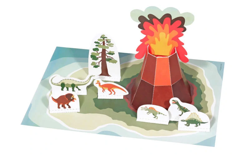 Dinosauří ostrov - vystřihovánka skládačka: sopka a 14 dinosaurů