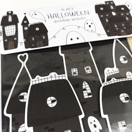 Strašidelné městečko - girlanda na Halloween (3 domečky a 6 duchů)